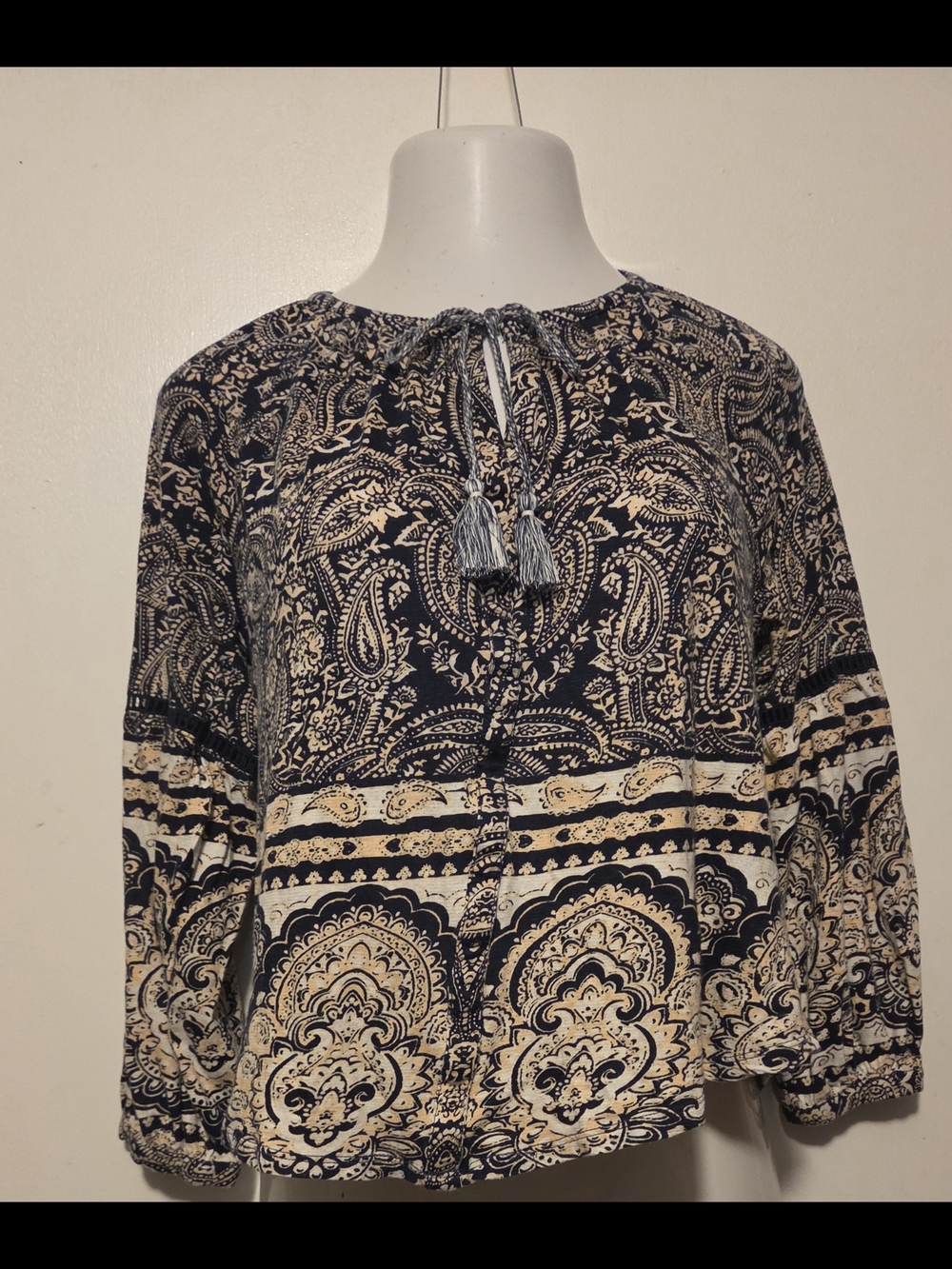 Lucky Brand M Medium Boho Paisley Tie-Neck Peasant Blouse - Navy/Cream